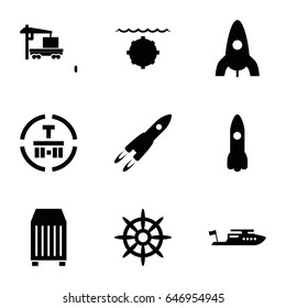 Ship icons set. set of 9 ship filled icons such as rocket, boat, cargo terminal, cargo container, cargo truck, helm