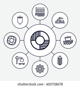 Ship icons set. set of 9 ship outline icons such as cargo, cargo truck, helm, lifebuoy, sail