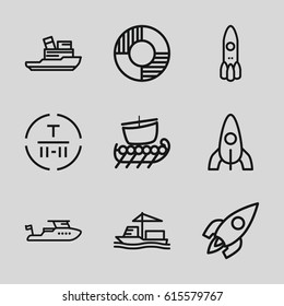 Ship icons set. set of 9 ship outline icons such as rocket, boat, cargo terminal, cargo ship, lifebuoy