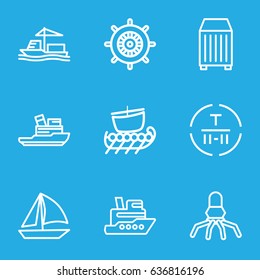 Ship icons set. set of 9 ship outline icons such as helm, cargo terminal, cargo container, boat, water military, sailboat