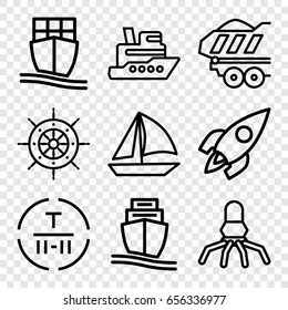 Ship icons set. set of 9 ship outline icons such as cargo terminal, cargo trailer, rocket, helm