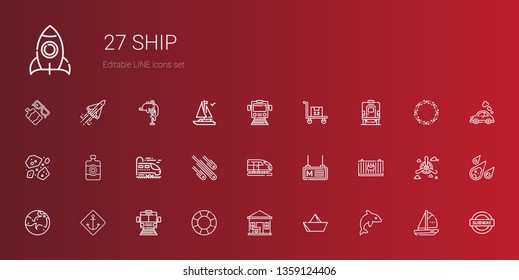 ship icons set. Collection of ship with dolphin, paper boat, package delivered, float, subway, anchor, mars, cargo, metro, train, meteorites. Editable and scalable ship icons.