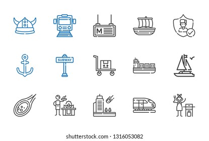 ship icons set. Collection of ship with gas, train, meteorite, boat, transportation, subway, anchor, insurance, trireme, metro, viking. Editable and scalable ship icons.