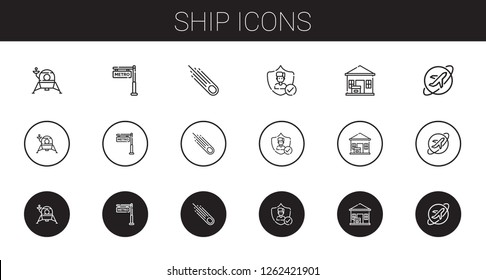 ship icons set. Collection of ship with lander, metro, asteroid, insurance, package delivered, travel. Editable and scalable ship icons.