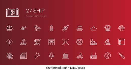 ship icons set. Collection of ship with metro, vehicle, warehouse, spaceship, dolphin, container, meteorites, train, oar, airship, boat, anchor. Editable and scalable ship icons.