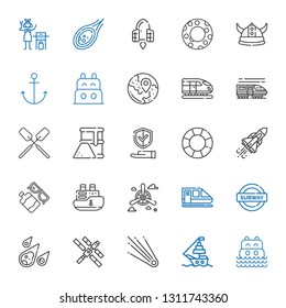 ship icons set. Collection of ship with sea, comet, space station, meteorite, subway, train, propeller, sun lotion, space shuttle, float, insurance. Editable and scalable ship icons.