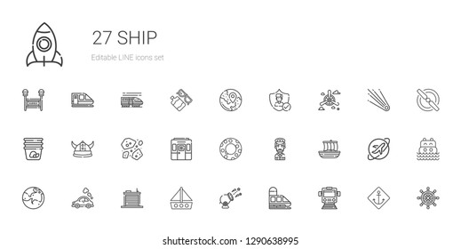 ship icons set. Collection of ship with train, cannon, boat, warehouse, vehicle, mars, trireme, captain, float, asteroids, viking, container. Editable and scalable ship icons.