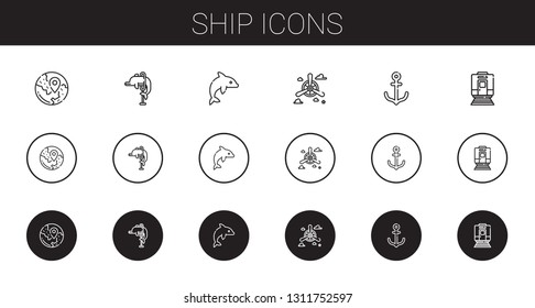 ship icons set. Collection of ship with travel, dolphin, propeller, anchor, train. Editable and scalable ship icons.