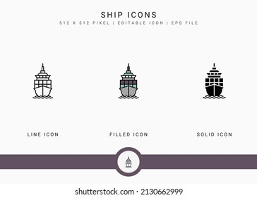 Ship icons set vector illustration with solid icon line style. Logistic delivery concept. Editable stroke icon on isolated background for web design, user interface, and mobile app