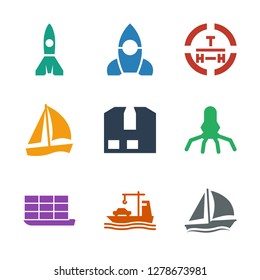 ship icons. Trendy 9 ship icons. Contain icons such as sailboat, cargo ship, rocket, cargo container, cargo terminal. ship icon for web and mobile.