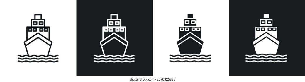 Ship icons vectors set in black. line and flat versions