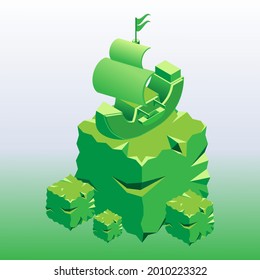 ship illustration emerald green on green cubes stone, ship on emerald stone podium (green), ship in simple cube isometric style, illustration in light and dark green colors, illustration in 3d style