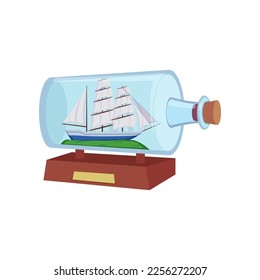 Ship inside horizontal glass bottle vector illustration. Drawing of souvenir, miniature model of sea vessel with white sails isolated on white background. Decoration, hobby or craft, adventure concept