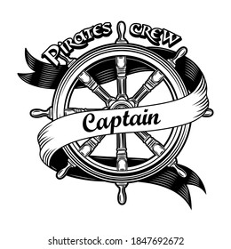 Ship insignia vector illustration. Vintage wooden rudder with pirate crew captain text. Nautical adventure or treasure hunting concept for emblems or labels templates