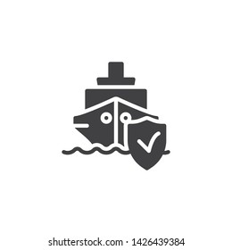 Ship insurance vector icon. filled flat sign for mobile concept and web design. Ship boat with protection shield glyph icon. Symbol, logo illustration. Vector graphics