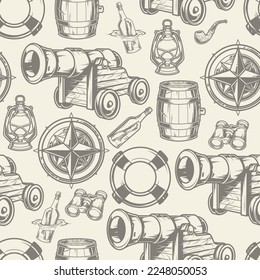 Ship items monochrome pattern seamless with cannon mortars from sea vessel for pirates and barrels or compass rose vector illustration