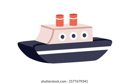 Ship, kids toy transport for playing game. Nautical freight vessel, sea marine boat transportation for kindergarten, nursery playtime. Flat graphic vector illustration isolated on white background