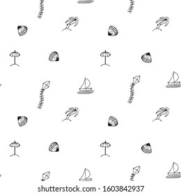 Ship, kite, palm, shell, kite seamless pattern hand drawn sketch. Monochrome sea design element stock vector illustration for web, for print, for textile