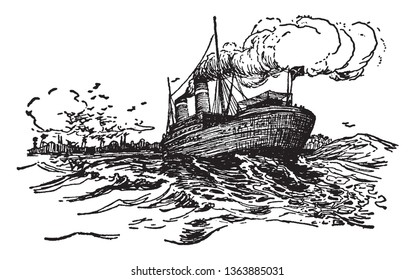 Ship is a large watercraft that travels the world oceans and other sufficiently deep waterways, vintage line drawing or engraving illustration.