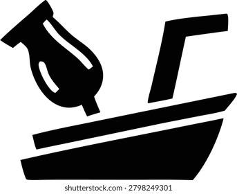 Ship launching icon, flat vector symbol of a boat being launched, representing maritime industry, naval operations, and water transportation.
