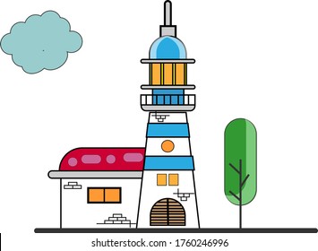 Ship lighthouse design with control room on white background