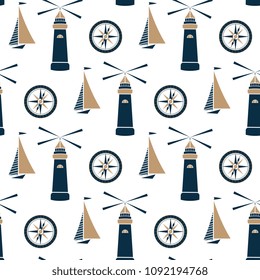 Ship, lighthouse and sea compass seamless pattern.