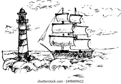 ship and lighthouse at sea hand drawn sketch , logo design