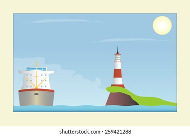 Ship and lighthouse in the sea. Vector illustration. EPS 10. Opacity.