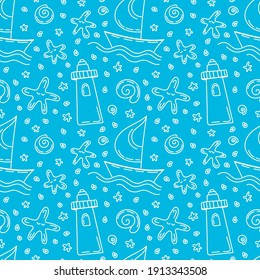 Ship, lighthouse, shells. Marine seamless vector pattern. Hand drawn illustration in doodle style. 
Blue design for a nursery for boys