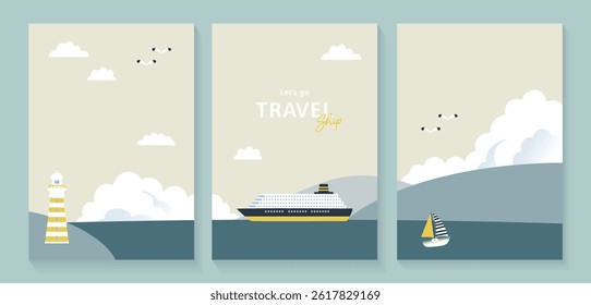 Ship, lighthouse and yacht illustration set