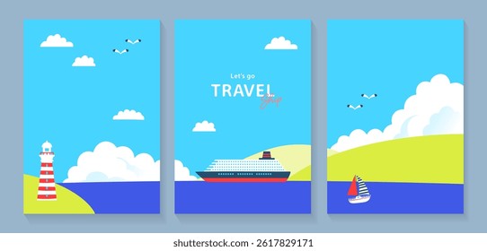 Ship, lighthouse and yacht illustration set