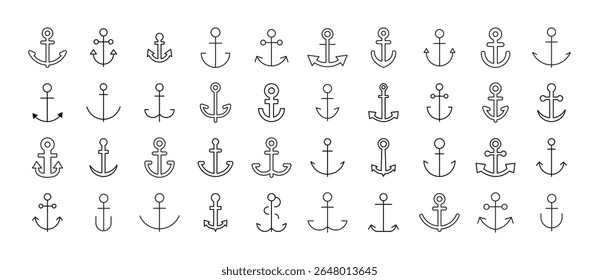 Ship Line Icon Bundle. Anchor Outline Signs for Graphic and Web Design, Apps, Adverts, Various Cards 