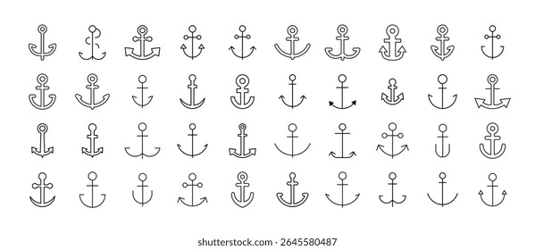 Ship Line Icon Collection. Anchor Outline Signs for Graphic and Web Design, Apps, Adverts, Various Cards 