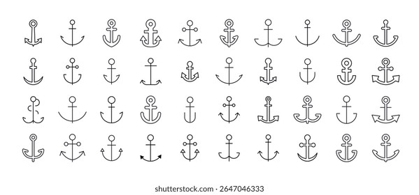 Ship Line Icon Pack. Anchor Outline Signs for Graphic and Web Design, Apps, Adverts, Various Cards 