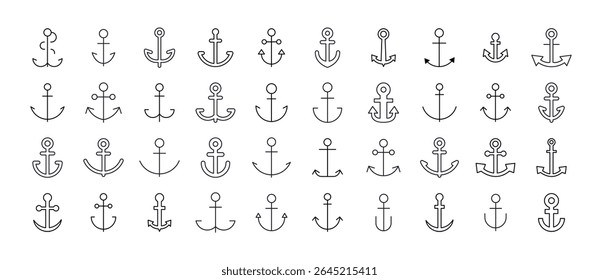 Ship Line Icon Set. Anchor Outline Signs for Graphic and Web Design, Apps, Adverts, Various Cards 
