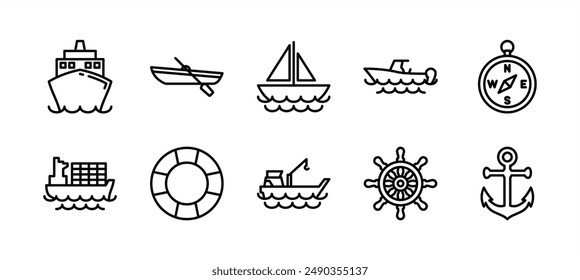 Ship line icon set. Shipping icon collection. Containing tanker, boat, cruise, yacht, sailboat, sail, compass, anchor, lifebuoy, ship's steering wheel, cargo, and float. Vector illustration