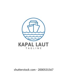 Ship line logo, ocean waves, ship, circle vector design template