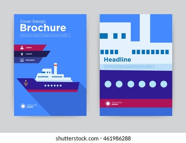 Ship liner transport cargo logistic business annual report brochure flyer design template vector, leaflet cover presentation pattern flat blue background, layout in A4 size