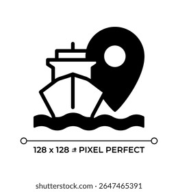 Ship location pixel perfect glyph solid icon. Tracking vessel route in sea. Maritime transport industry. Navigation. Black silhouette symbol on negative space. Vector isolated illustration