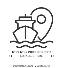 Ship location pixel perfect line icon. Tracking vessel route in sea. Maritime transport industry. Navigation. Isolated vector illustration. Outline symbol. Simple linear drawing. Editable stroke