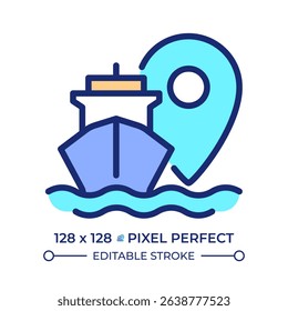 Ship location pixel perfect line color icon. Tracking vessel route in sea. Maritime transport industry. Navigation. Isolated vector illustration. Flat colorful symbol design. Editable stroke