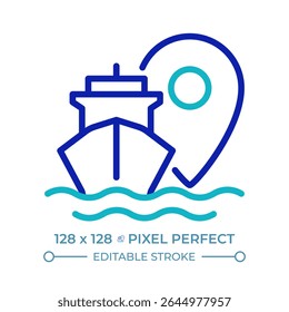 Ship location pixel perfect two color line icon. Tracking vessel route in sea. Maritime transport. Navigation bicolor outline symbol. Duotone linear pictogram. Isolated illustration. Editable stroke