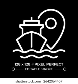 Ship location pixel perfect white line icon in negative space. Tracking vessel route in sea. Maritime transport industry. Navigation. Monochrome linear symbol on black background. Editable stroke