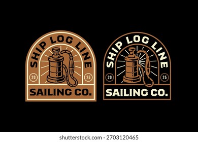 Línea de registro de la nave insignia retro logotipo de diseño de Vector conjunto para la aventura. Paquete de ilustración de parche vintage medidor marino para exteriores. Línea de registro náutico diseño de elemento de pegatina de emblema resistente para la gente de mar