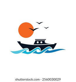 Ship logo with abstract wave brand identity for boating business. Vector illustration