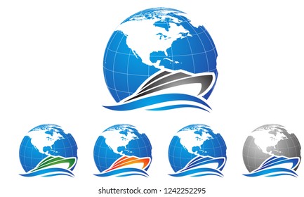 Ship Logo design, boat Sailing ship illustration traveling all around the world