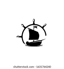 Ship logo, design logo concept of shipping freight services, Old trading ship from wood strongly sail explore the ocean