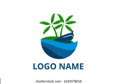 ship logo design leaving beach in tropical island concept icon for touring trip travel tourism agency. Summer holiday logo with ocean, tree.