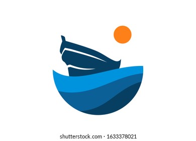 ship logo design leaving beach in tropical island concept icon for touring trip travel tourism agency. Summer holiday logo with ocean, tree.
