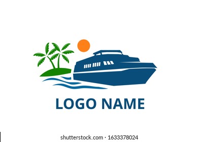 ship logo design leaving beach in tropical island concept icon for touring trip travel tourism agency. Summer holiday logo with ocean, tree.